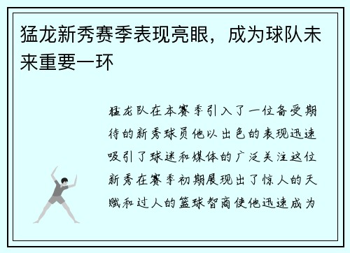 猛龙新秀赛季表现亮眼，成为球队未来重要一环